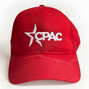 CPAC Red Hat – Embroidered White Logo – Made in USA – Adjustable Snapback Cap